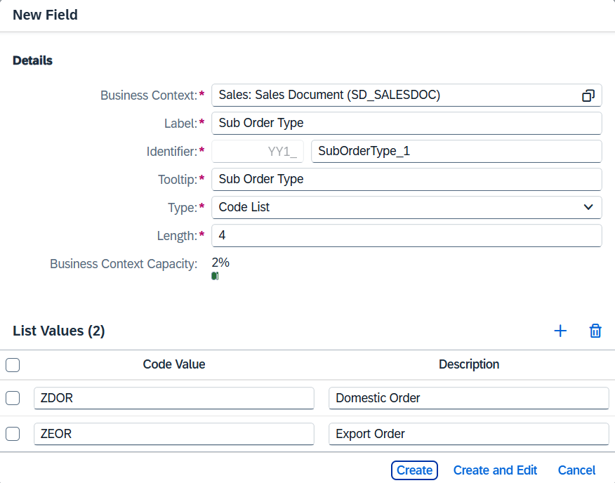 Select the business context and Field Type.
