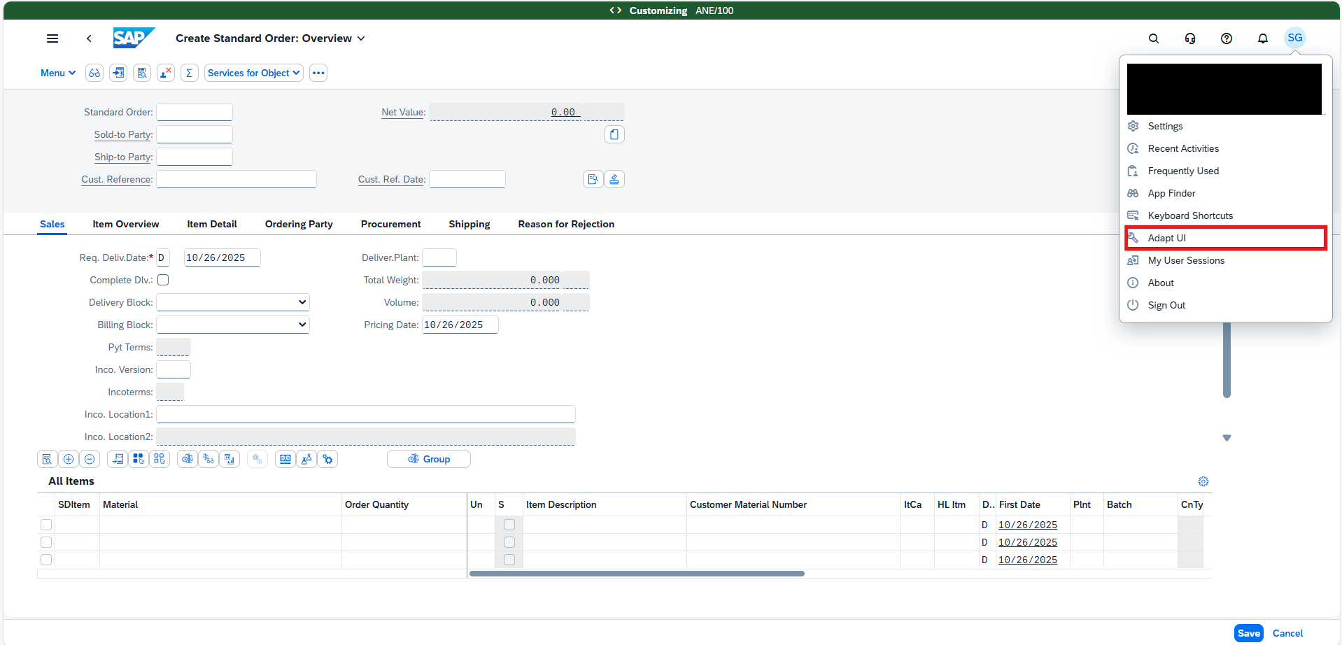 Sales Order creation screen and click