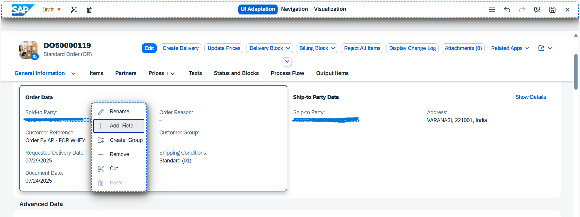 Under Order Data, right click and field.